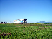 筑波山と田んぼのすぐそばを走る常総線